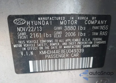 2014 Hyundai Elantra Se from USA, damaged, VIN KMHDH4AE8EU049339